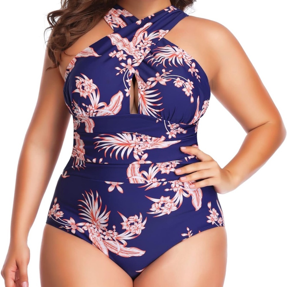 W YOU DI AN One Piece Tummy Control Ruched Lined Swimsuit Front Cross Backless